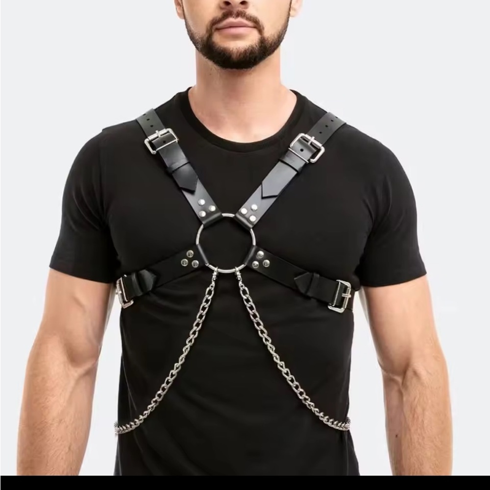 Men's Black Leather Harness with Silver Chains